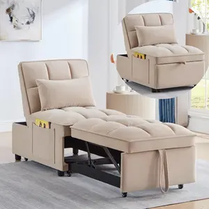 Single Convertible Sleeper Chair Sofa Bed with Adjustable Backrest, Pillows & Storage Pockets, Velvet 3 in 1 Pull-Out Couch Chaise Lounge Recliner for Living Room Balcony Bedroom, Taupe