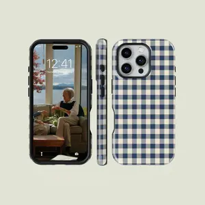 JIACC  Mini Gingham Navy Phone Case Double Layer Protective Case Solid 2-in-1 For iPhone 17 ProMax Plus Air 16 15 14 13 12 11 X XR & SamsungS25 S24 S23 S22 Ultra, Best Gift
