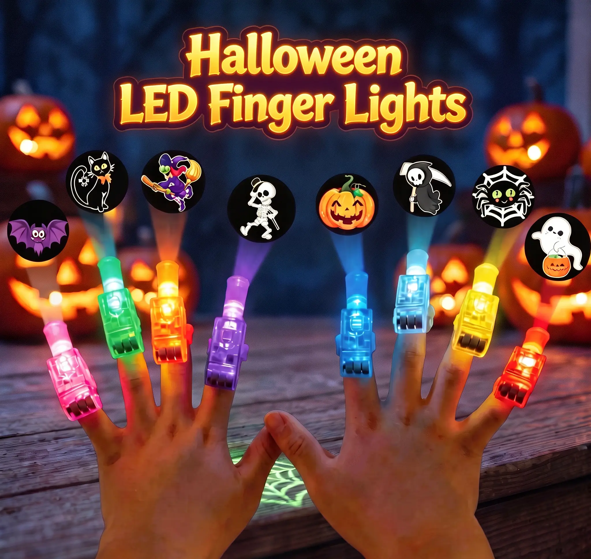 【Summerween】Halloween LED Finger Projector Lights, Kids Glow Finger Lights with Halloween Pattern Projections, 8 Pack / 16 Pack Optional Party Favor Toys