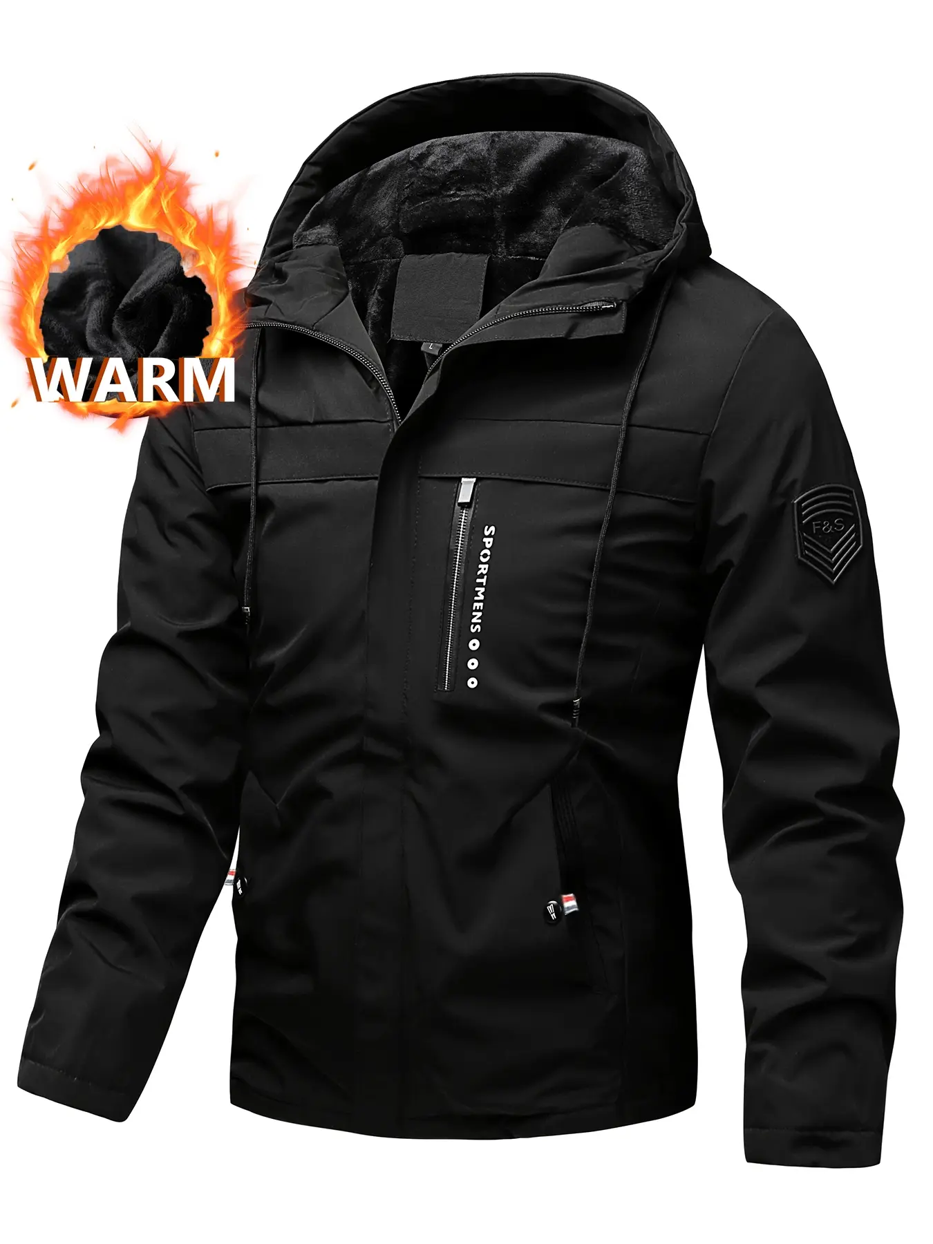 Men's Hooded Fleece Outdoor Jacket, Multi-Pocket Letter Print Design, Windproof Waterproof Wear-Resistant, Fall Winter Casual, Waterproof Jackets