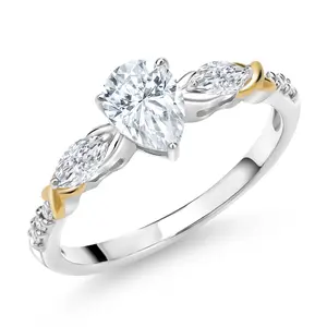 Gemstone Birthstone, Moissanite and Lab Grown Diamond Two-Tone Engagement Ring for Women | 925 Silver 10K Yellow Gold | Pear 7X5MM, Marquise 5X2.5MM, Round 1.2MM | Wedding Anniversary Promise Ring