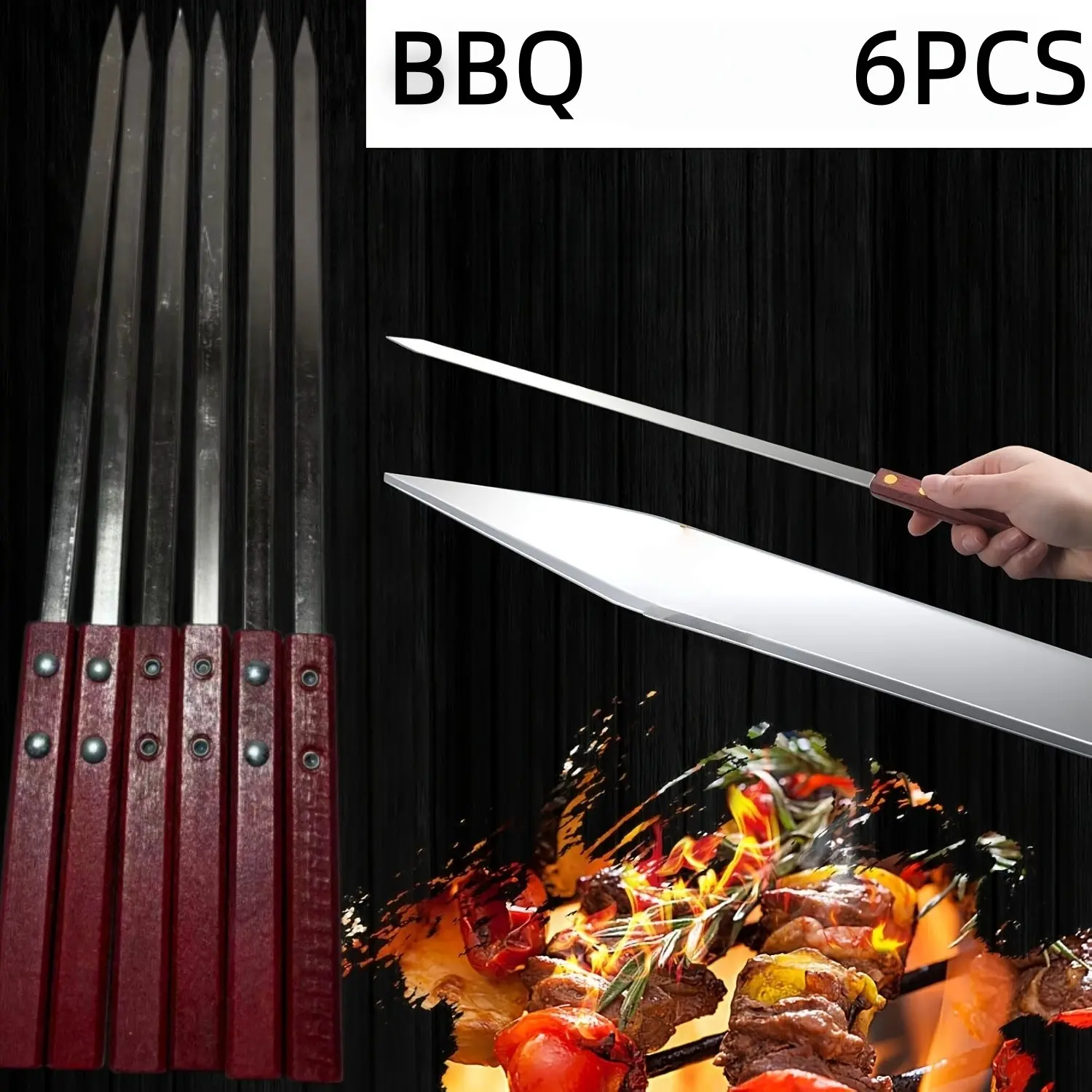6pcs Thick Stainless Steel BBQ Skewers, Reusable Meat Skewer Pins with Wooden Handle, Ideal for Garden, Outdoor Camping BBQ Tools