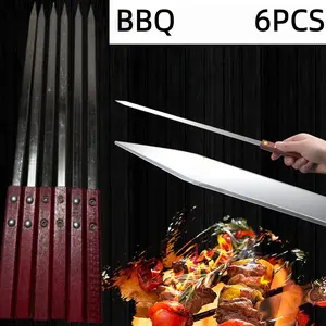 6pcs Thick Stainless Steel BBQ Skewers, Reusable Meat Skewer Pins with Wooden Handle, Ideal for Garden, Outdoor Camping BBQ Tools