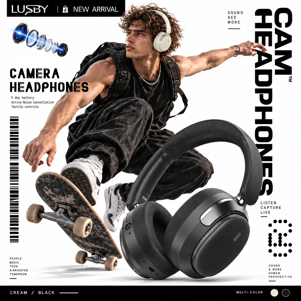 LUSBY Smart Camera Headphones, 8MP HD Video & Photo Recording, AI Translator & Object Recognition, Wireless Bluetooth Over-Ear Headset for Music, Calls & AI Voice Assistant, Tech Gift for Men