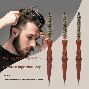 Mini Boar Bristle Round Brush for Short Hair,-0.78-0.70-0.62 Inch Diameter Small Round Barrel Brush for Blow Drying Anti Static Quiff Mini Comb with Wooden Handle for Blow Drying Straightening Curling Wet Thin or Short Hair