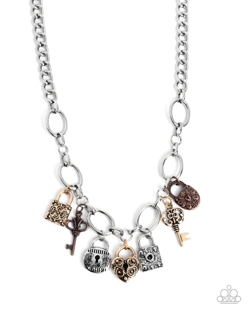 Padlock Pairing - Multi Mixed Metals Gold Silver Copper Lock Key Charm Short Necklace - Paparazzi - Summer Party Pack Exclusive