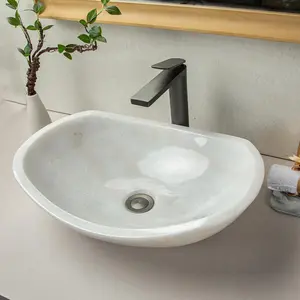 100% Handcrafted Stone Vessel Sink with Oval White Striped Design - Elegance and Sophistication for Bathroom Vanity or Countertop