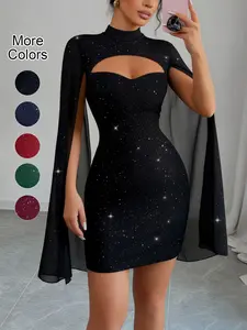 Fashion Sexy Mini Bodycon Dress, Shawl Mesh Sheer Design, Cape Sleeves and Sparkling Sequins, Trendy Formal Evening Party Gown, Spring & Fall Fashion, Formal Wear, Womenswear