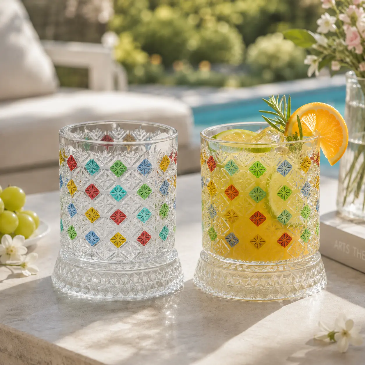 Rotating Whiskey Glasses with Detachable Bases, Colorful Embossed Old Fashioned Tumblers for Bourbon & Cocktails