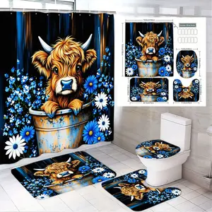 1/4pcs Cute Baby Highland Cow Shower Curtain Set - Fluffy Calf Peeking Over Rustic Bucket with Wildflowers, Cozy Bath Mats, and Toilet Seat Covers - Perfect for a Warm Rustic Bathroom Aesthetic, Ideal for Home Decor Enthusiasts