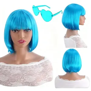 Short Blue Bob Wig with Bangs for Women, Teal Bob Wig Funky Wig Hairband with Heart Shaped Glasses Fun Sunglasses for Costume Cosplay Show Bachelor Party