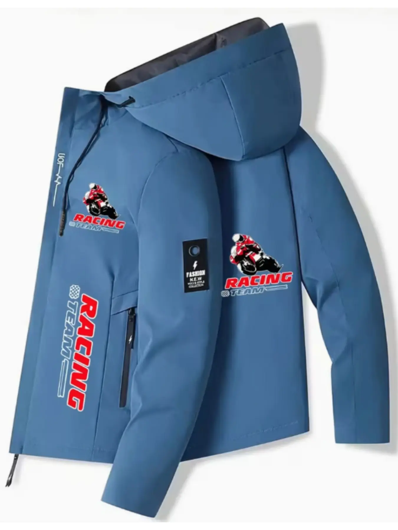 Men's Motorcycle Racing Pattern Hooded Jacket, Zipper Outerwear with Pockets, Lightweight, Loose Fitting Jacket, Front Pockets, Casual Streetwear, Casual Jackets, Spring & Fall
