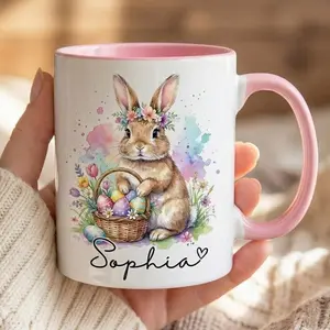 [Sale Up To 50%] Custom Easter Rabbit Accent Mug, Bunny Egg Floral Coffee Cup, Hoppy Easter Day Gift, Personalized Mother's Day Gift Mug, 11oz ceramic accent mug