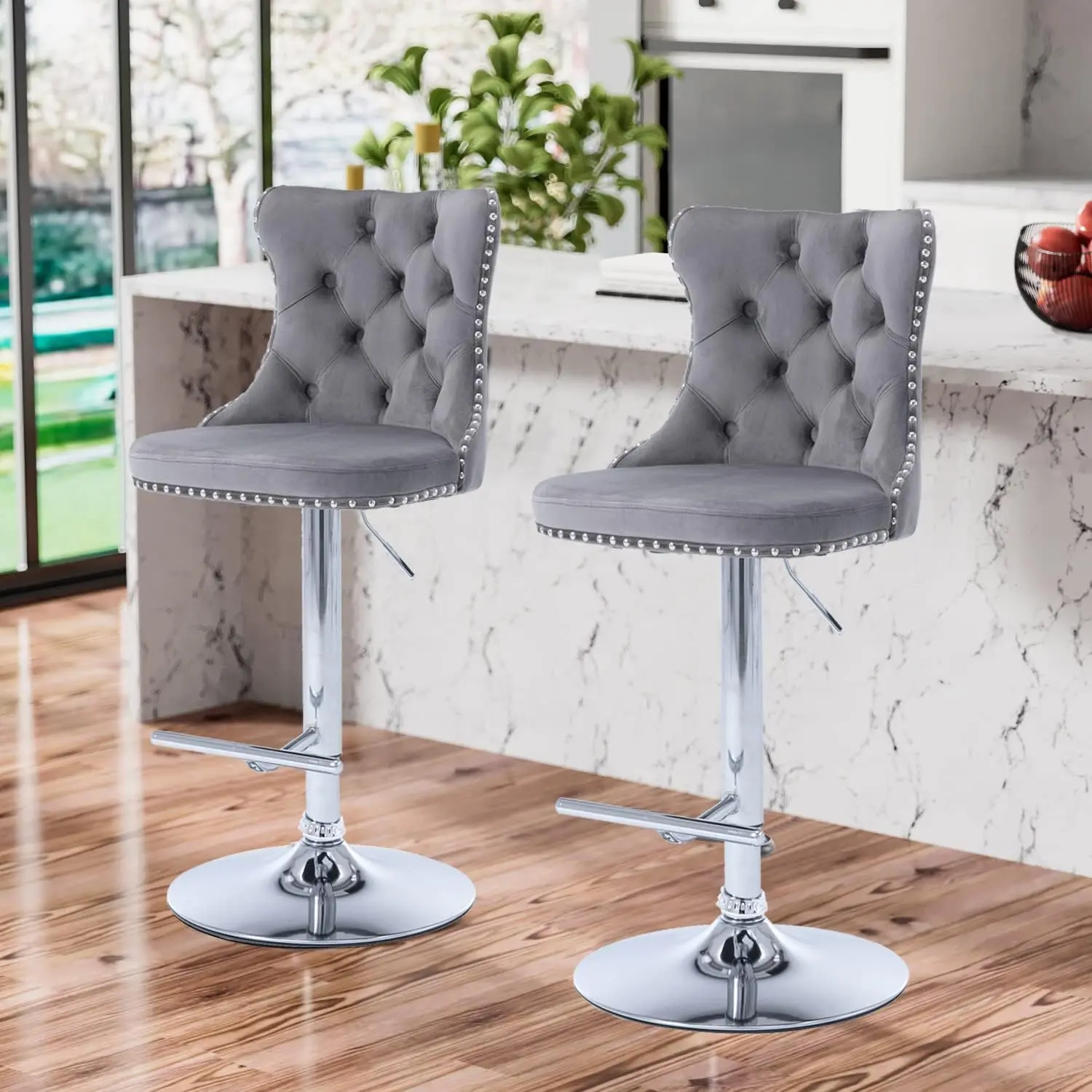 Swivel Bar Stools Set of 2, Adjustable Barstools with Back Velvet Tufted Counter Stool Modern Upholstered Bar Chairs with Nailhead for Kitchen Island Restaurant Pub Counter (Gray-Silver)