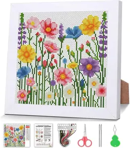Wildflowers Cross Stitch Kits for Beginner,Flowers Stamped Cross Stitch Kits Crafts for Adults with Wooden Framed,Embroidery Kit for Beginners,Partial 11CT Floral Cross Stitch for Kids 7.9x7.9 inch