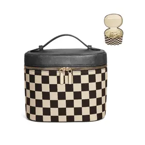 Fashion Checkered Makeup Bag Vanity Case for Women Leather Cosmetic Bag Travel Toiletry Bags Portable Makeup Organizer Case