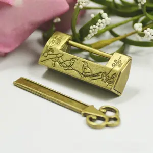 2set Chinese Vintage Antique Locks Old Style Lock and Key Excellent Brass Carved Word Padlock Security Lock
