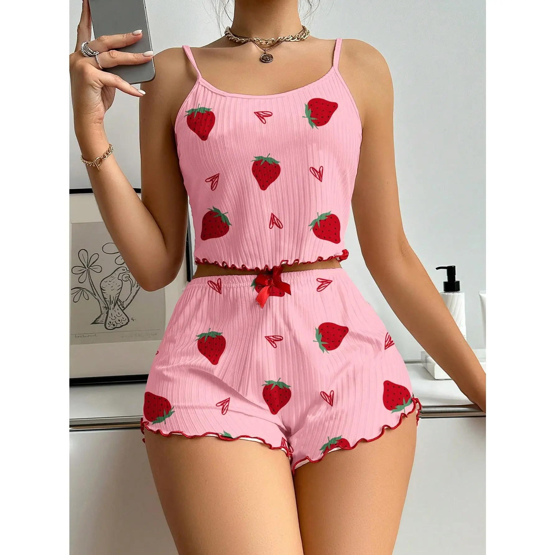 Women's Comfortable Relaxed Fit Pajama Set Cherry Print Frill Trim Ribbed round Neck Backless Crop Cami Top & Shorts Loungewear - For Women - Perfect for Lounging & Sleep - Ideal Gift for Her