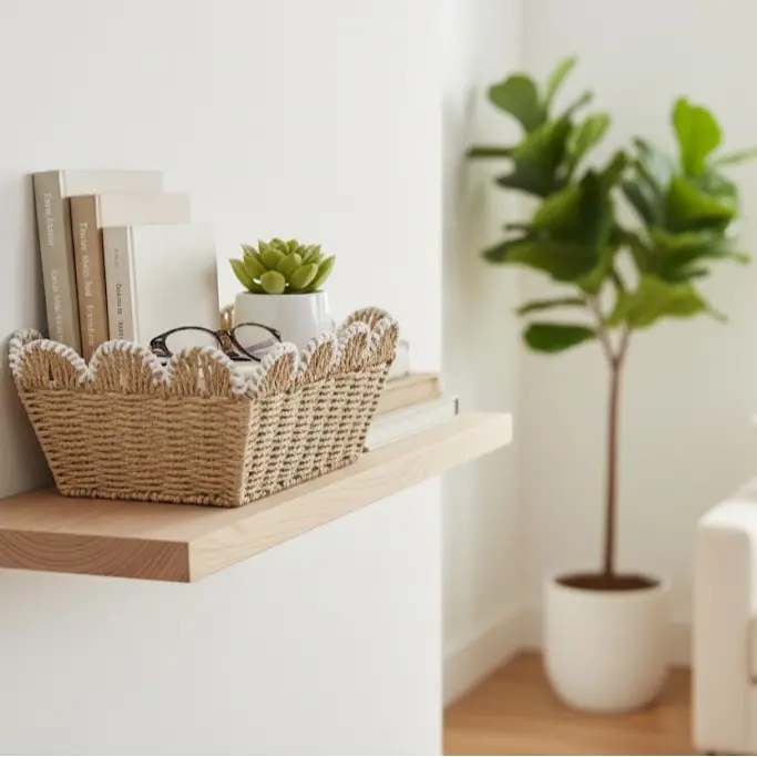 Beige Farmhouse Handwoven Paper Rope Basket with Scallop Edge & White Trim, 12" x 8.5" x 6" Eco-Friendly Storage Bin for Nursery, Bathroom, Kitchen, Living Room