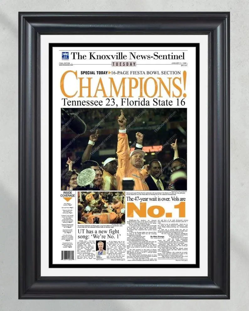 1999 Tennessee Volunteers NCAA National Champions Unframed Poster - Tee Martin Era Front Page Newspaper Print - Vols Football History - Rocky Top Art