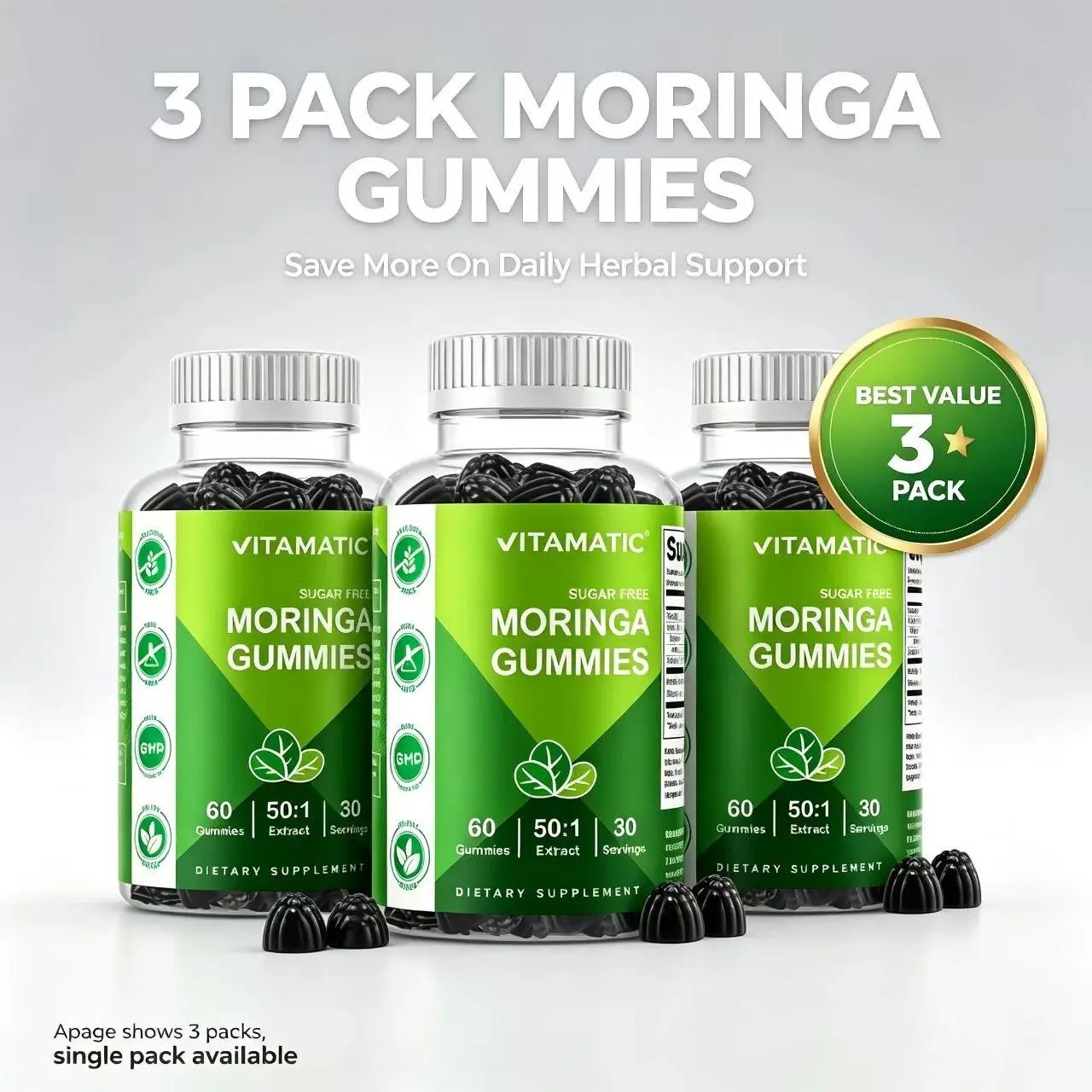 Vitamatic Sugar-Free Moringa Gummies - 60 Pectin-Based Chewables, Clean Fitness & Healthcare Supplement, Essential Minerals, Gluten-Free, Non-GMO, Vegan, Natural Energy Support, Multicolor Flavors, Dietary Chewable