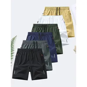 Men's 6-Piece Zippered Pocket Shorts Set Ice Silk Quick-Dry Sports Casual Pants with Reflective Strips for Running Fitness & Beach Outings Beige - Tropical, Gamis