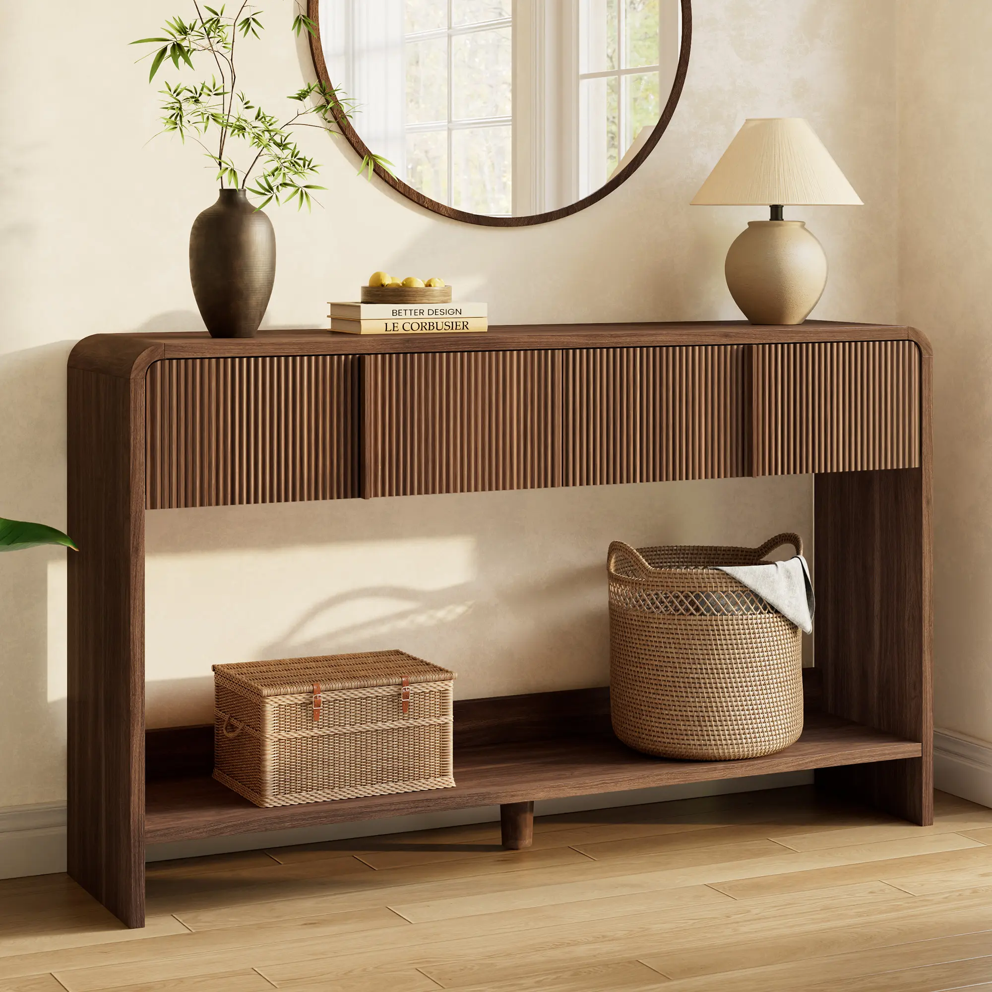 AMERLIFE 45"/55" Modern Console Table with 2 Storage Drawers and Open Shelf, Wooden Entryway Table with Curved Edges, Sofa Table Behind Couch for Hallway Foyer, Entrance, Living Room/Christmas Gifts/Best Gift Ideas/Cozy Home