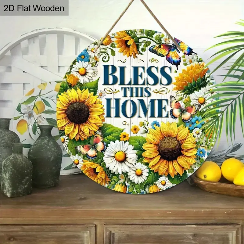 Sunflower Decoration, Welcome Sign, Wooden Decorative Item, Holiday Marker, Women's Gift, Round Hanging Ornament, Spring Decor, Home Decorative Ornament (7.87x7.87 Inches)
