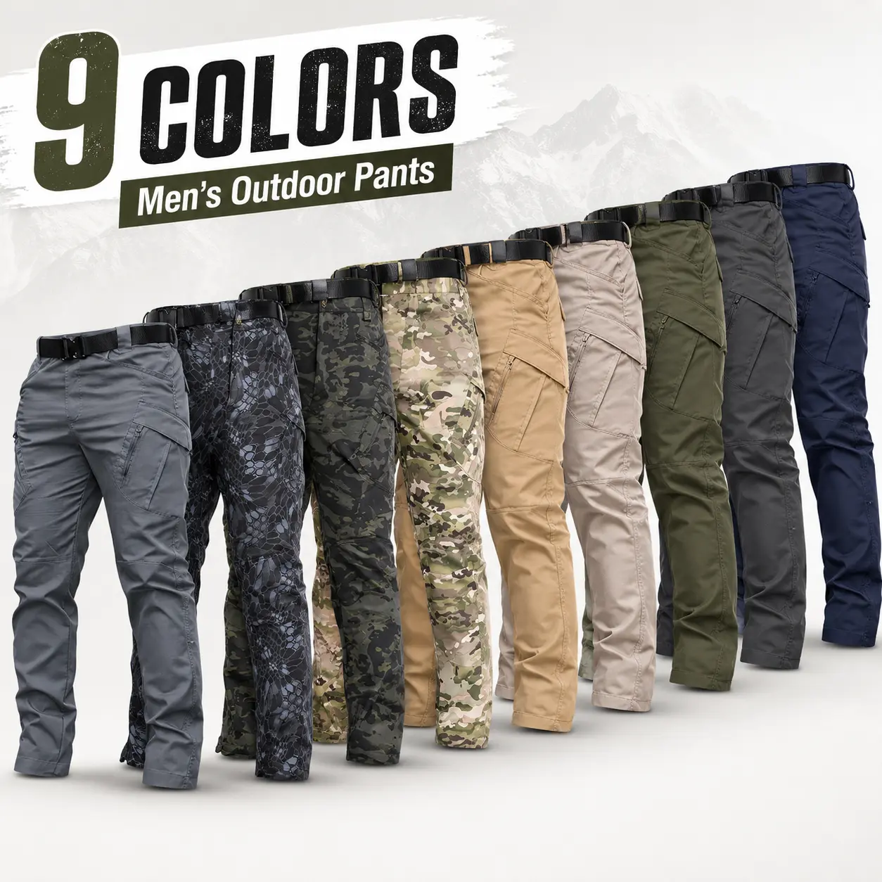 Men’s solid-color practical all-season camouflage cargo pants, made from waterproof, non-stretch woven fabric with operator pockets and a mid-rise design; suitable for casual wear; multiple sizes available.