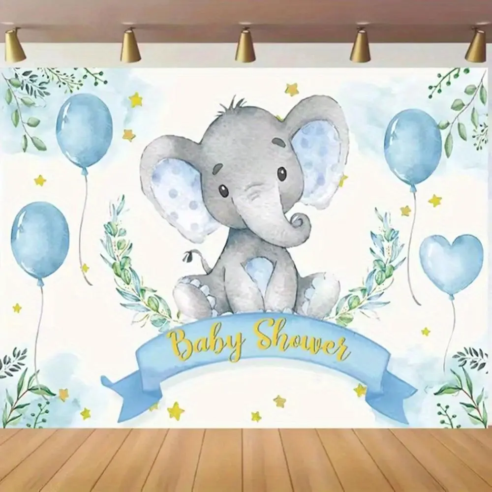 1pc 2D Flat Elephant Theme Polyester Backdrop, Blue & Green Leaf Banner with Balloons & Stars, Adorable Print Home Festive Party Supplies for Baby Shower & Birthday