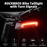 ROCKBROS Smart LED Bike Tail Light - 80lm Turn Signal, Wireless Remote Control, Brake Alert, 6 Lighting Modes, Ground Line, Handlebar Mount, USB-Rechargeable 2000mAh Battery-Powered Ebike Accessories (5-10hr Runtime) for Night Riding Safety
