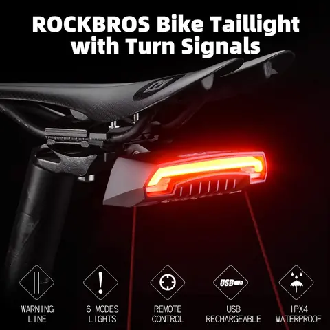 ROCKBROS Smart LED Bike Tail Light - 80lm Turn Signal, Wireless Remote Control, Brake Alert, 6 Lighting Modes, Ground Line, Handlebar Mount, USB-Rechargeable 2000mAh Battery-Powered Ebike Accessories (5-10hr Runtime) for Night Riding Safety