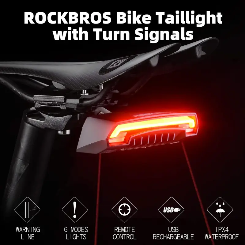 ROCKBROS Smart LED Bike Tail Light - 80lm Turn Signal, Wireless Remote Control, Brake Alert, 6 Lighting Modes, Ground Line, Handlebar Mount, USB-Rechargeable 2000mAh Battery-Powered Ebike Accessories (5-10hr Runtime) for Night Riding Safety