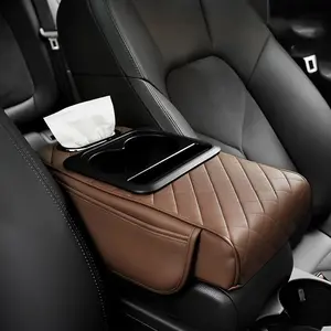 Multifunctional PU Leather Car Armrest Box Mat, Universal 5-in-1 Center Console Cover with 2 Storage Bags Cup Holder, Tissue Box Slot, Phone Slot, Car Armrest Storage Boxs