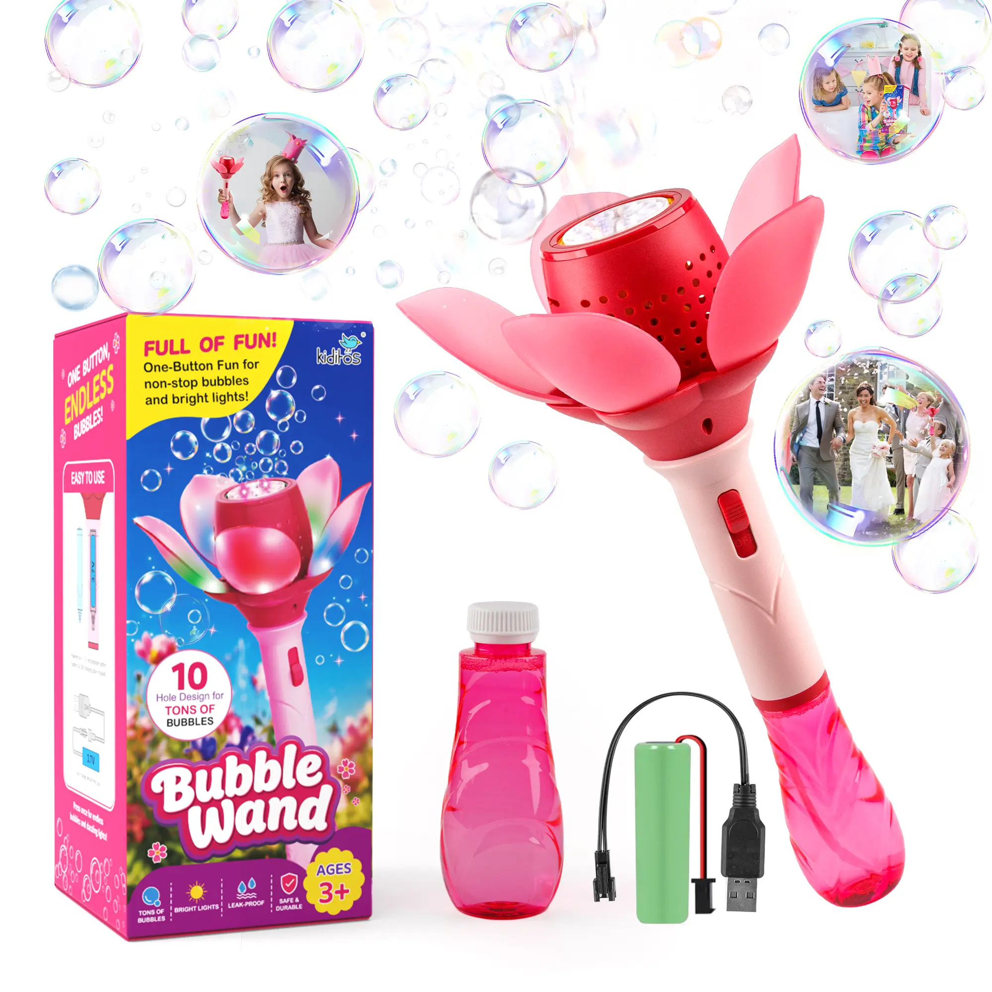 Kiditos Light-Up Blooming Flower Bubble Wand for Kids, Automatic Bubble Machine with Bubble Solution, Outdoor Summer Toy for Family Fun, Birthday & Graduation Gift for Girls, Boys & Toddlers