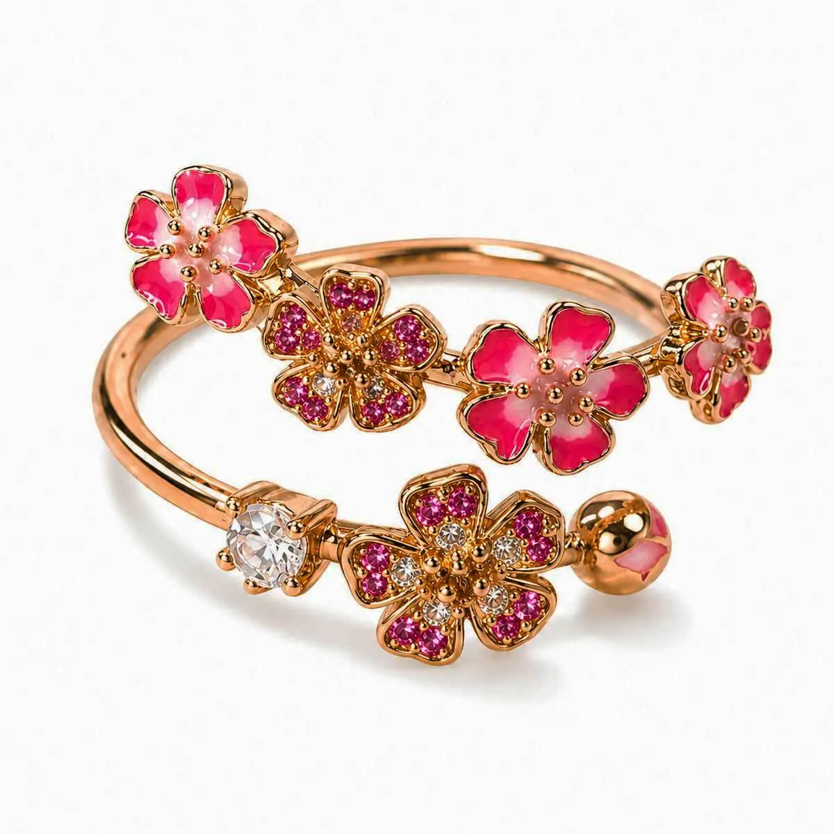 Women's Gold-Plated Cherry Peach Blossom Floral Ring - Pink Enamel Open Design, Stainless Steel Jewelry, Baroque Look, Female Ring for Everyday Wear, Cute Floral Motif Gift for Her
