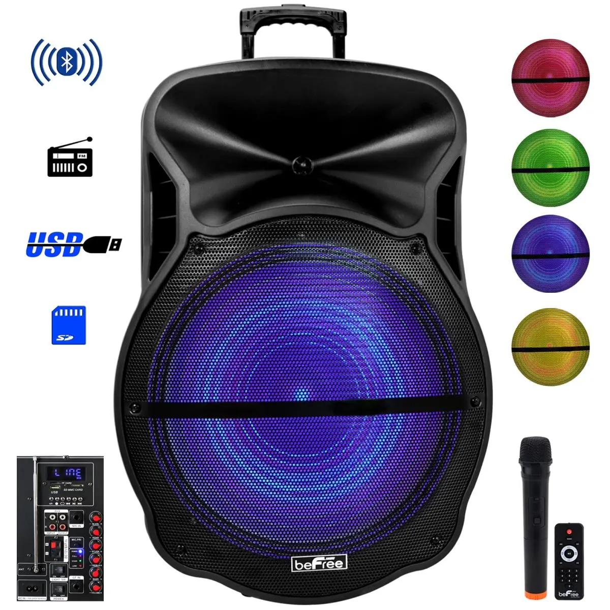 212 MAIN 18-in Portable Bluetooth Wireless Party Speaker with Colorful Sound-Reactive LED Lights, Remote, Handle, RCA Audio Support, USB/SD Ports, Microphone/Guitar Inputs, FM Radio, Rechargeable Design, Smartphone Compatibility, Wheels