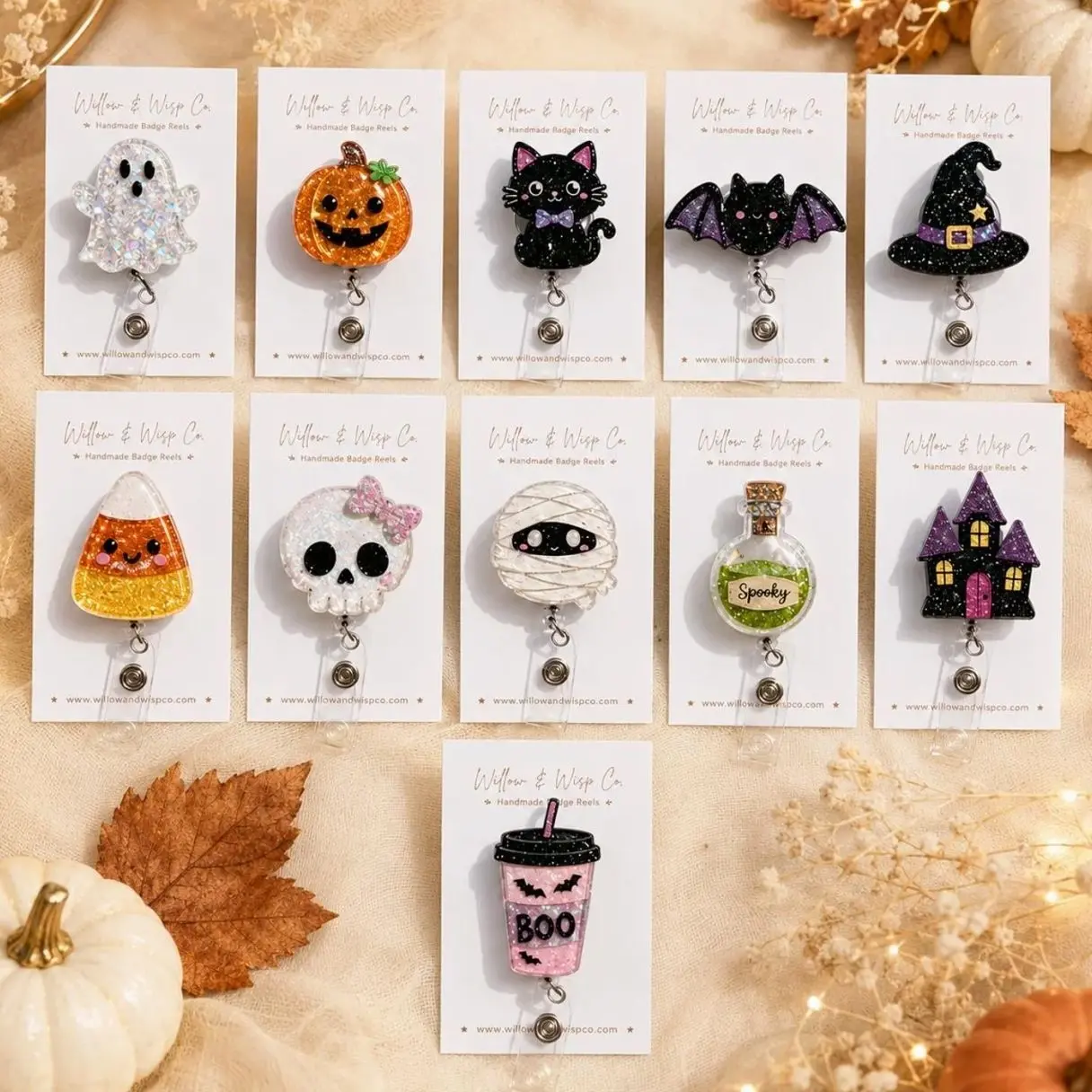 Halloween Ghost Pumpkin Badge Reel, Custom Spooky Cute Glitter Acrylic ID Holder, Funny Witch Cat Skeleton Nurse Teacher Gift, Retractable