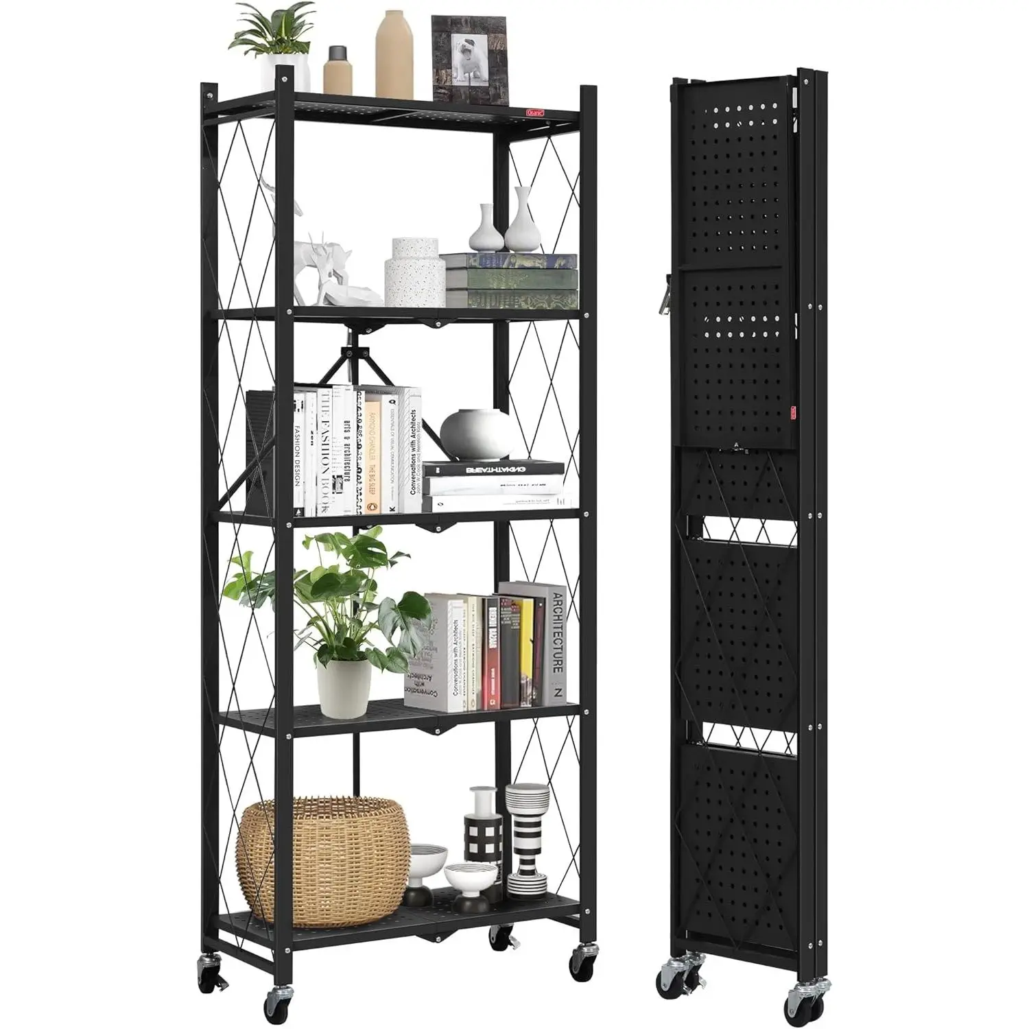 5-Shelf Folding Bookcase with Wheels, Rolling Bookshelf Heavy Duty Storage Shelves, Freestanding Metal Wire Shelving Unit for Living Room, Office, Kitchen, Basement, Pantry (Black)