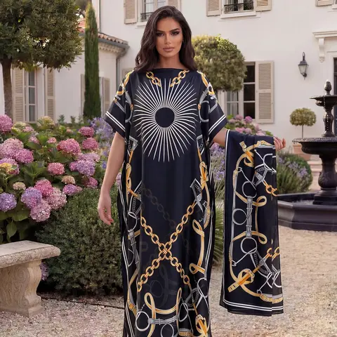 2 Piece Moo Moo Long Dress with Chain Print, Elegant Fitted Lightweight Shawl Set, Sun Protection Scarf for Beach, All Seasons Wear