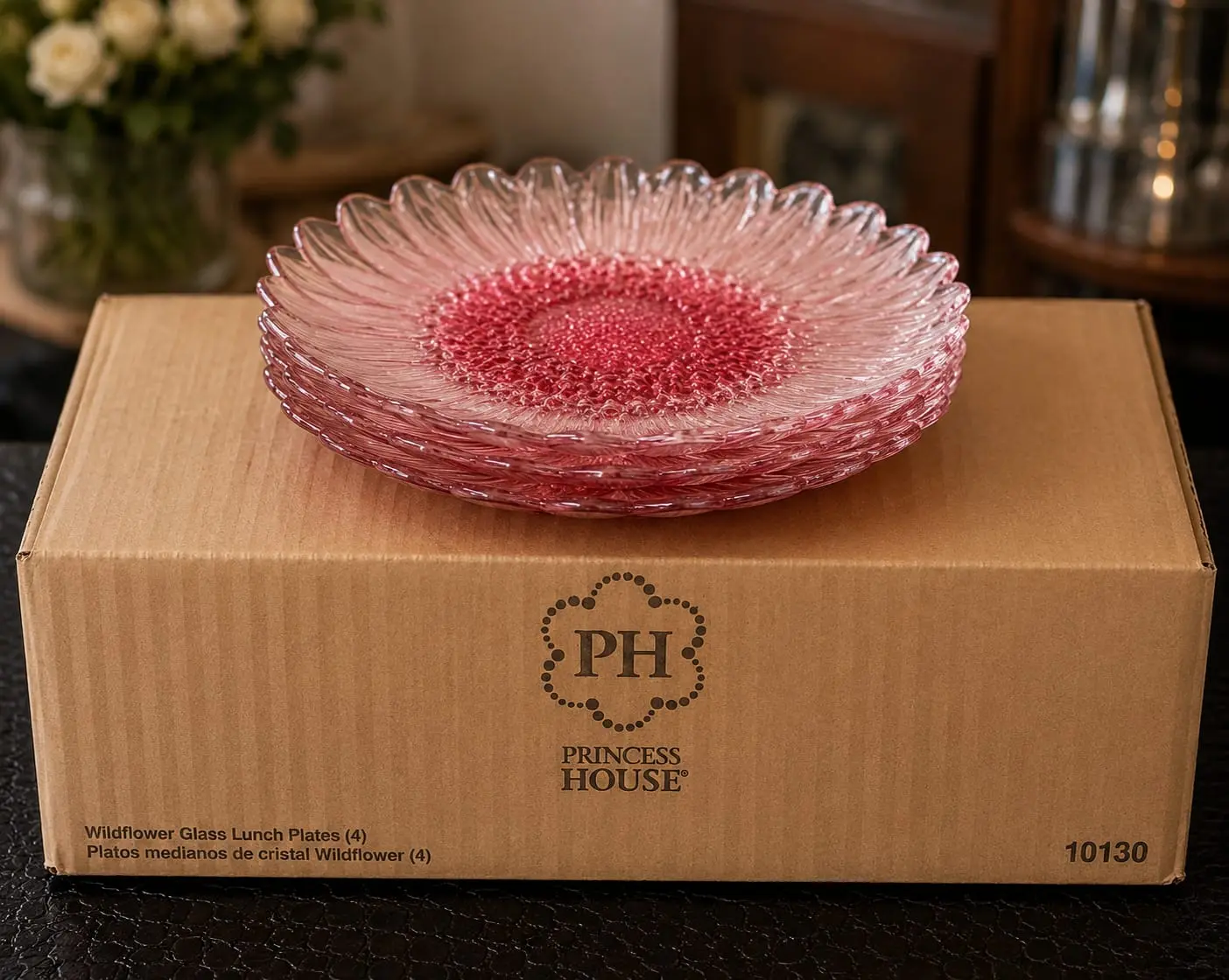 Princess House WildFlower Glass Lunch Plates, Set de 4 Platos Medianos de Cristal Nuevo en Caja Original | Código 10130