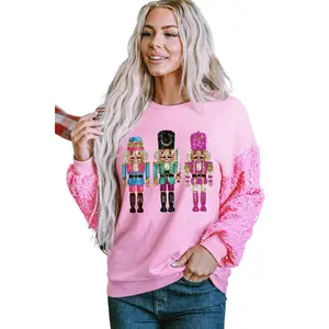 Women's Pink Nutcracker Graphic Christmas Top with Sequin Sleeves