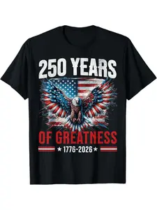 Men's 250th Anniversary USA Flag T-Shirt 1776-2026 - Red Eagle & Stars Design, Heavy-Duty Preshrunk Cotton Tee with Double-Needle Stitching, Round Neck Short Sleeve Shirt for 4th of July, Independence Day Celebrations & Casual Wear