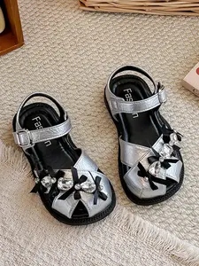 Girls' Closed-Toe Sandals, Soft Sole Anti-Slip, Rhinestone Bow, Velcro Closure, Ages 2-12, Comfortable Summer Footwear