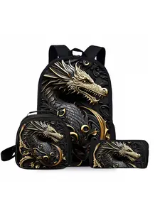 Metal dragon print backpack three-piece set, including lunch bag, pencil case, and backpack