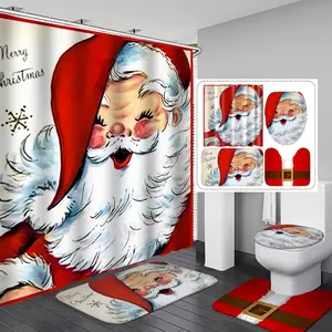 4 Pcs Vintage Christmas Waterproof Shower Curtain Sets  Non Slip Rugs Toilet Lid Cover Bath Mat and 12 Hooks Santa Claus Holiday Bathroom Shower Curtain for Farmhouse Home Decorations