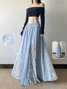Women's Long Skirt Vintage Blue Plaid, Split Lace Fashion, Elastic Waist, A-Line Casual Commuter Streetwear Party Dress