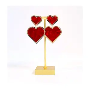 Ruby Red Heart Statement Earrings - Acrylic Design, Lightweight 2.25”, Stainless Steel Post, Ideal for Women