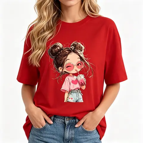 Women's Y2K Coquette Casual Cotton Crew Neck Oversized Short-Sleeve Cropped Graphic T-Shirt - Lightweight Fabric Print for Casual Wear