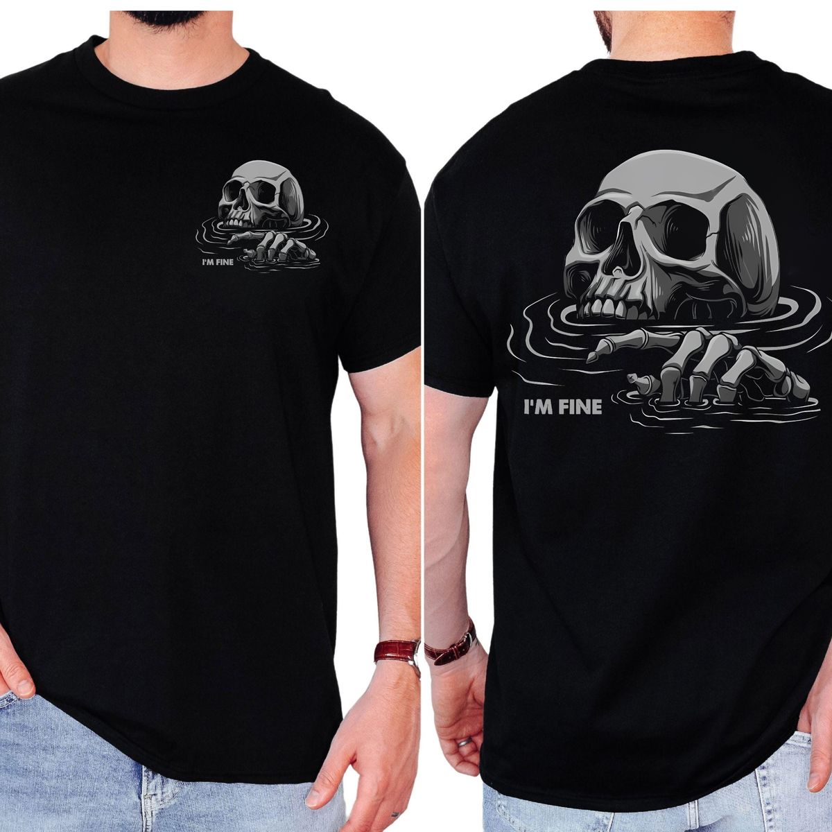 Im Fine Skeleton T-Shirt, Funny Sarcastic Skull Drowning Tee, Retro Dark Humor Mental Health Graphic Shirt, Unisex Casual Two Sided Print Heavyweight Cotton